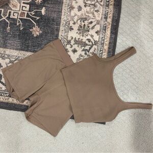 Brown Tank Top and Shorts Set Ribbed Lounge Set